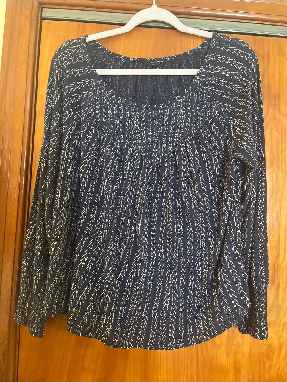 Lucky Brank Women's Navy Patterned Long-Sleeve Peasant Top